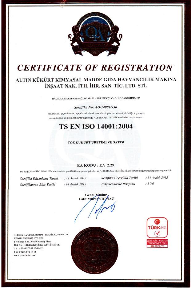 Altınkükürt - ISO 14001:2004 Çevre Yönetim Sistemi