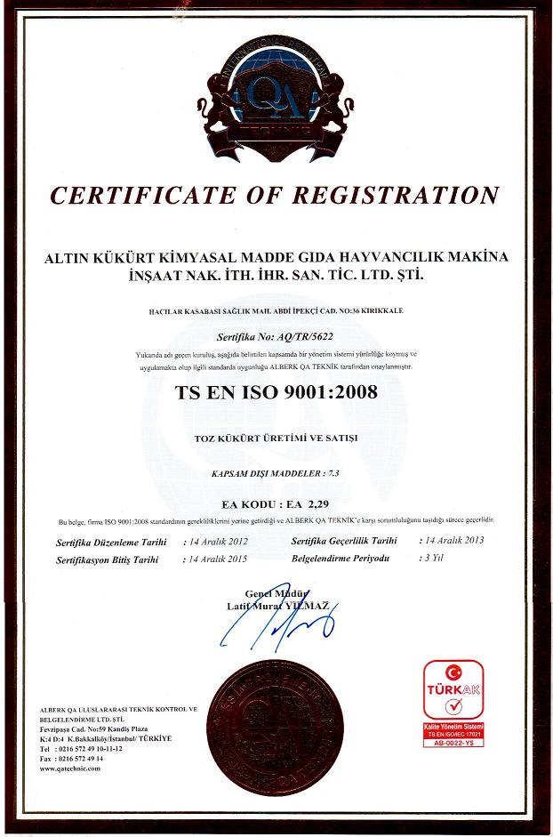 Altınkükürt - ISO 9001:2008 Kalite Yönetim Sistemi